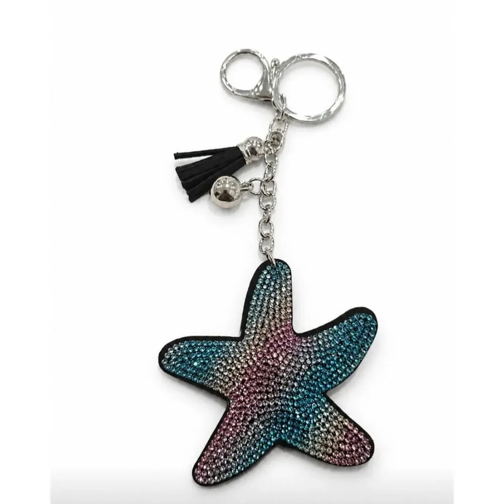 Black Colorful Rhinestone Starfish Bag Charm Key Chain New